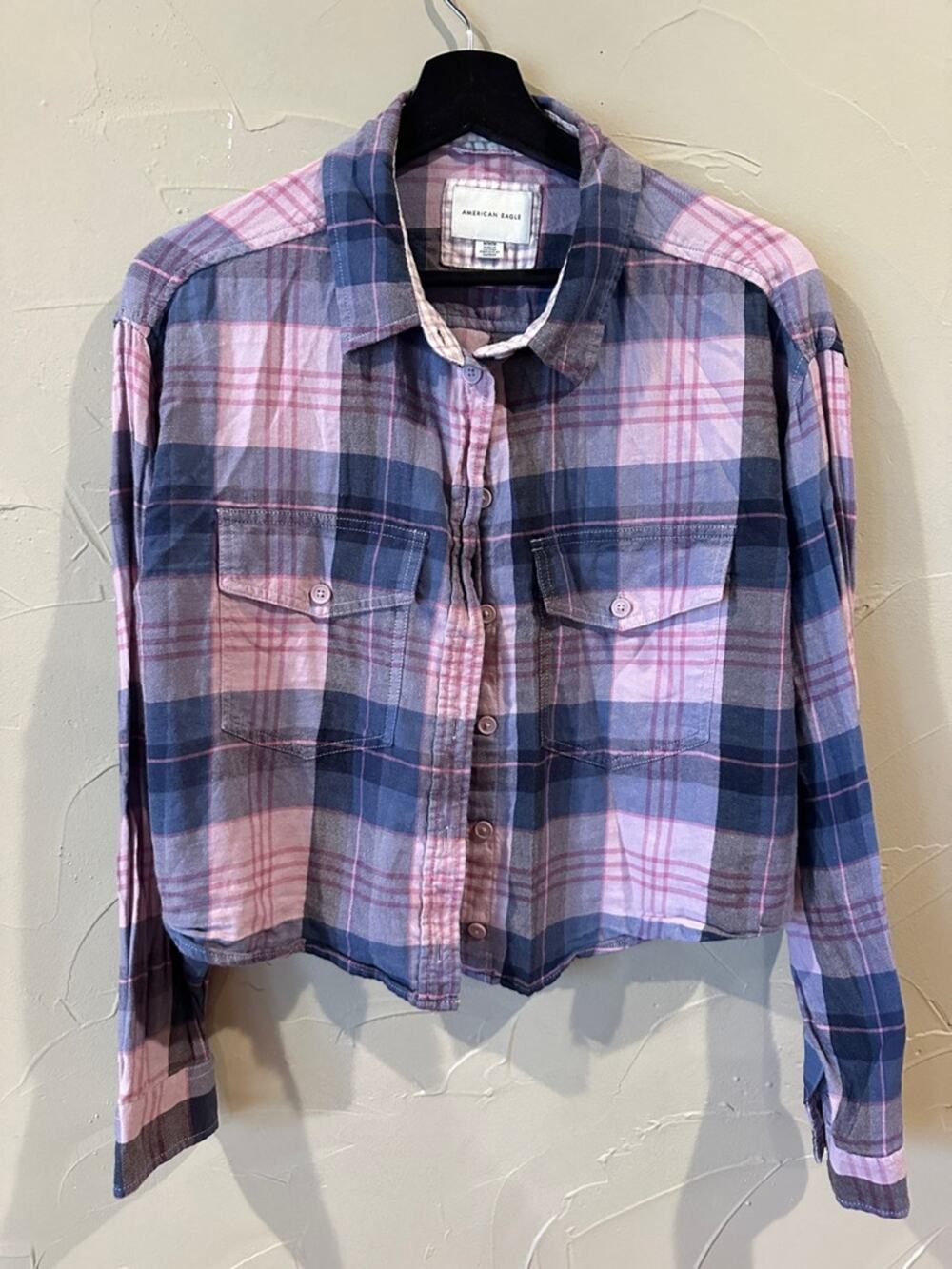 American Eagle Pink & Navy Plaid Shirt